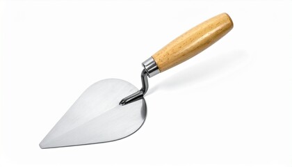 &ldquo;Masonry trowel with pointed metal blade and wooden handle on neutral surface&rdquo;