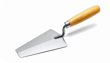 &ldquo;Masonry trowel with pointed metal blade and wooden handle on neutral surface&rdquo;