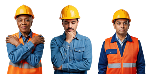 Diverse group of three construction workers, including an older Black woman and two young men, wearing yellow hard hats and orange safety vests, against a transparent background.