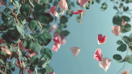 Soft breeze moves flowering branches with pink petals against dreamy blue sky capturing romantic spring garden mood and gentle nature awakening in slow motion