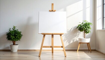&ldquo;Blank white canvas on wooden easel in sunlit minimalist room&rdquo;
