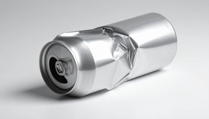 &ldquo;Crushed aluminum soda can on white surface with scattered fragments&rdquo;