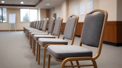An empty conference room prepared for a meeting featuring rows of upholstered chairs and a whiteboard in the background