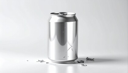 &ldquo;Crushed aluminum soda can on white surface with scattered fragments&rdquo;