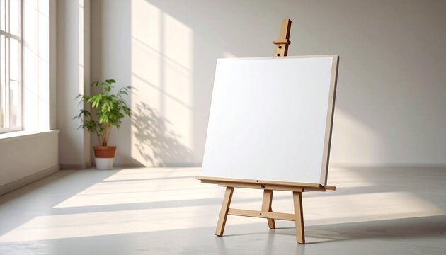 “Blank white canvas on wooden easel in sunlit minimalist room” - Powered by Adobe
