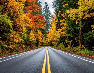 Road through autumn forest with vibrant foliage
