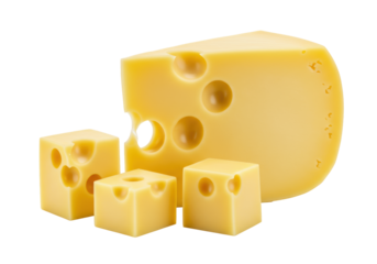 Bright yellow Swiss Emmental cheese wedge, three cubes, distinct round holes, against crisp white seamless background with copy space, soft studio lighting. Food product concept