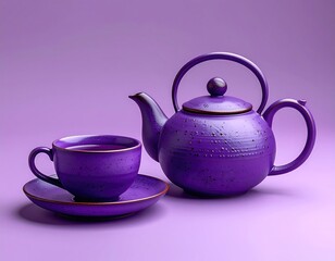 Purple teapot and cup set on matching surface