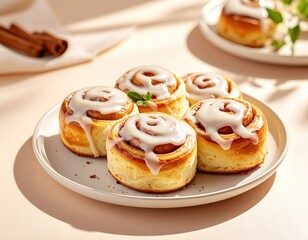 Glazed cinnamon rolls on plate in bright, warm light