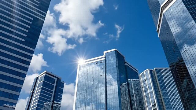 A dynamic low-angle view captures a cluster of sleek, modern skyscrapers piercing a brilliant blue sky dotted with fluffy white clouds. The sun casts a radiant flare from behind the towering glass fac