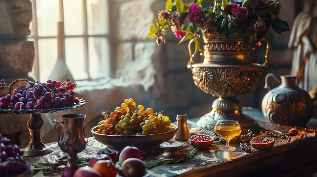 Carmentalia. Detailed close-up of Carmentalia ritual offerings table, fresh fruits, honey cakes, wine amphorae, flower garlands, handwoven textiles, bronze ceremonial vessels