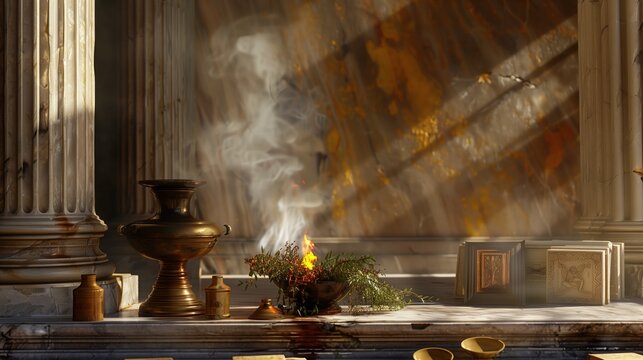 Carmentalia. Detailed view of Roman ritual altar dedicated to goddess Carmenta, bronze vessels with offerings, burning sacred fire, laurel wreaths, ancient scrolls, marble temple interior