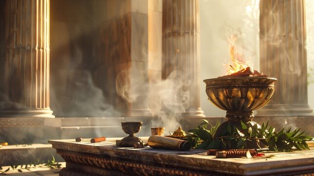 Carmentalia. Detailed view of Roman ritual altar dedicated to goddess Carmenta, bronze vessels with offerings, burning sacred fire, laurel wreaths, ancient scrolls, marble temple interior