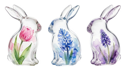 Transparent Glass Watercolor Bunnies with Spring Flowers