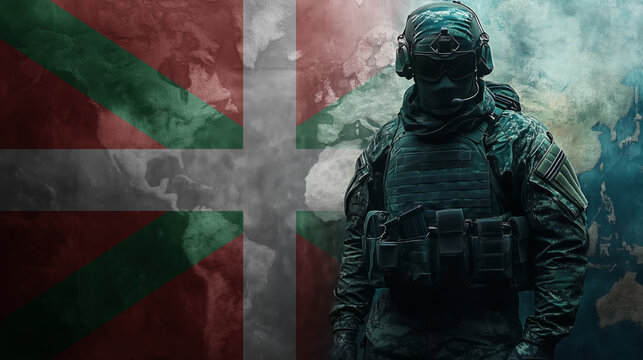 soldier in full tactical gear, standing in front of basque country flag . background features flag with a slightly transparent overlay of a world map. Vigilance, duty, national resolve.