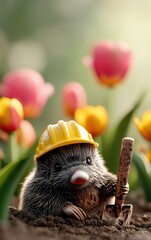 Maulwurf mit Bauhelm und Schaufel in der Pfote schaut aus der Erde, umgeben von Blumen