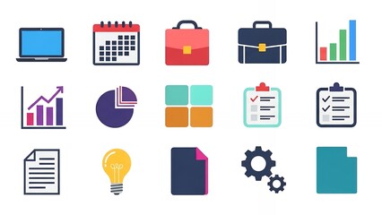 Vibrant collection of modern flat business icons covering data analysis planning and professional workflow tasks
