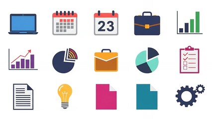 Vibrant set of modern business and finance icons representing planning data analysis scheduling and workflow success