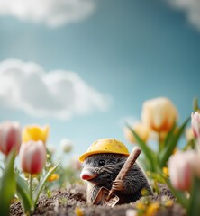 Niedlicher Maulwurf mit Bauhelm und Schaufel inmitten von Blumen