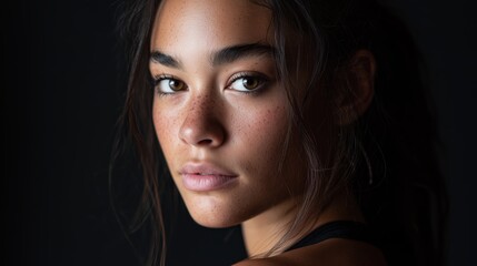 Obraz premium Close-up portrait of a woman with dark hair in a studio setting at night