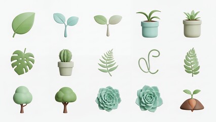Charming collection of soft 3D nature icons featuring potted plants, delicate sprouts, and lush foliage perfect for eco-friendly designs