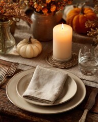 Cozy Thanksgiving Table Setting with Candlelight, Rustic Empty Plate and Autumn Decorations