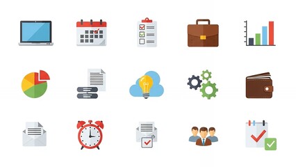 Essential flat business icons for project management planning and modern corporate strategy visualization