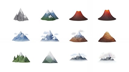 Stunning collection of diverse stylized mountain and volcano icons perfect for game development and nature-themed projects