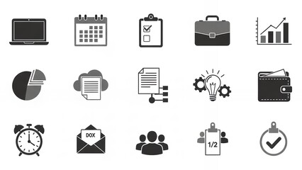 Essential collection of modern monochrome business icons for planning finance and team collaboration projects