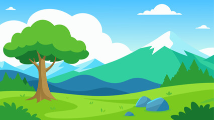 Cartoon landscape with tree and mountains
