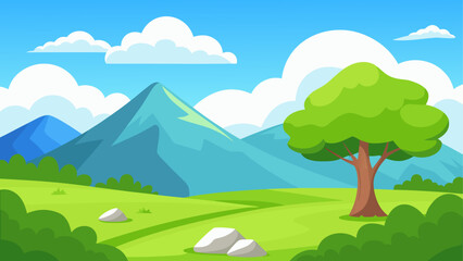 Fototapeta premium Cartoon landscape with mountains and tree