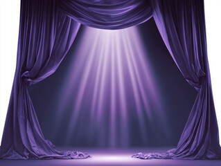 Elegant purple theatrical drapes, flowing fabric, bright illumination, entertainment background, PNG transparent background