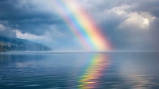 Rainbow emerges from a passing rainstorm over a quiet lake with rain droplets hitting the water creating ripples that catch the colors of the rainbow and the muted grey clouds above