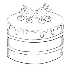 Bakery ingredients, cooking supplies and ready-made desserts outline ink engraving style vector illustrations set. Perfect for packaging, menu and cards.