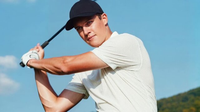 Young golfer in cap swings club under clear sky on sunny day capturing focus athletic performance and healthy outdoor sports lifestyle