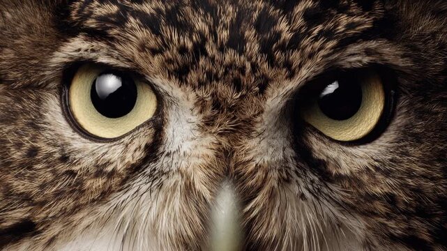 Extreme closeup of piercing owl eyes with sharp feathers and intense stare symbolizing wildlife focus instinct and mysterious nocturnal vision