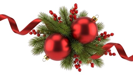 Christmas arrangement of red baubles fir branches berries and ribbon on white background