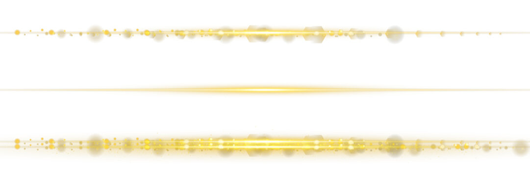 Gold line light glow with sparkling particles and radiant flare streaks forming a horizontal neon shine effect isolated on transparent background perfect for magic flash dividers, elegant shimmer desi