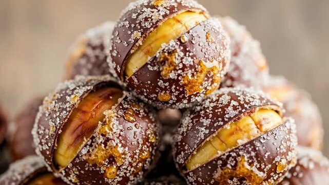 A tempting close-up shot captures a decadent pile of chocolate-coated chestnuts, artfully sprinkled with glistening sugar crystals. Each perfectly roasted nut is enrobed in rich, dark chocolate, showc