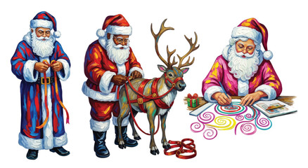 Colorful Santa Claus illustrations preparing gifts, reindeer harnessing, festive Christmas scenes.