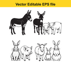 collection of farm animals donkeys, pigs, and rabbits, handdrawn sketch style, black and white illustration, isolated on white background