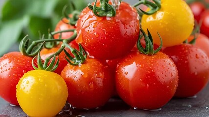A vibrant close-up showcases a tempting array of fresh red and yellow cherry tomatoes, some still clinging to their green vines. Each tomato glistens with refreshing water droplets as they are gently 
