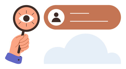 Hand holding magnifying glass with an eye, user profile in bubble, and cloud network. Ideal for digital identity, profile search, user analysis, investigation, cybersecurity, data monitoring