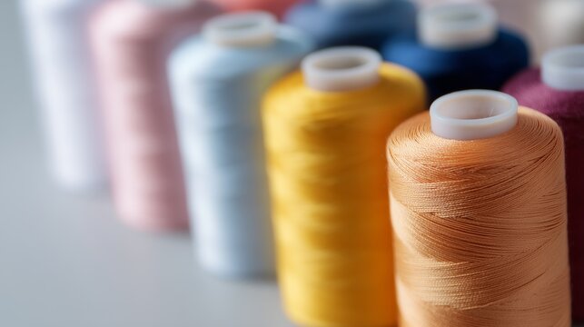 Colorful threads are displayed on a table in a sewing room for creative projects - Powered by Adobe