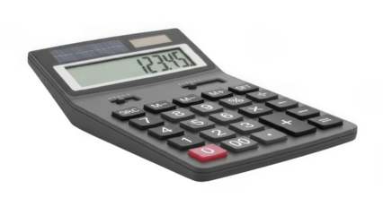 Gray desktop calculator with digital display and numeric keypad