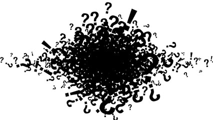 Abstract explosion of question marks and exclamation points in black and white
