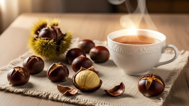 A visually appealing close-up shot of freshly roasted chestnuts, some artfully peeled to reveal their creamy interior, others still in their partially opened, textured shells. They are carefully arran