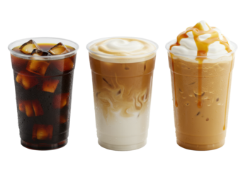 Three iced coffees (black, latte, caramel blend, whipped cream, drizzle), clear cups, ice, condensation, white background, beverage advertising concept.