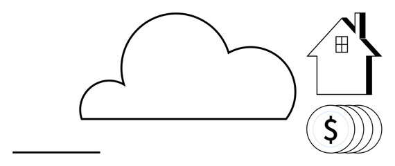 Cloud technology, real estate trends, financial planning, online storage, data management, and investment solutions. A minimalist design a cloud, house and coins. Cloud technology and real estate