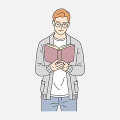 Illustration of a young man reading a book. Depicting focus, study, learning, and quiet intellectual engagement.